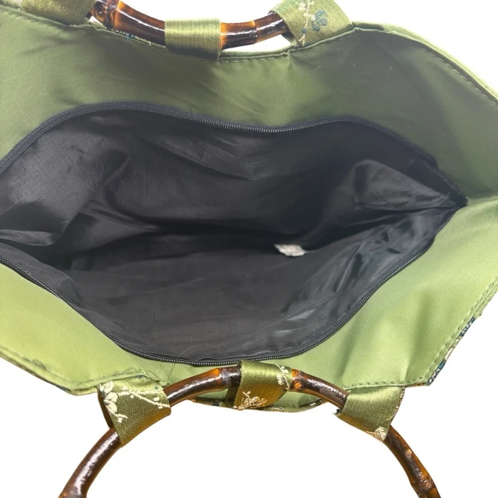 Oriental Floral Embroidered Purse Zipper Top Faux Silk Bamboo Handles - Picture 3 of 8